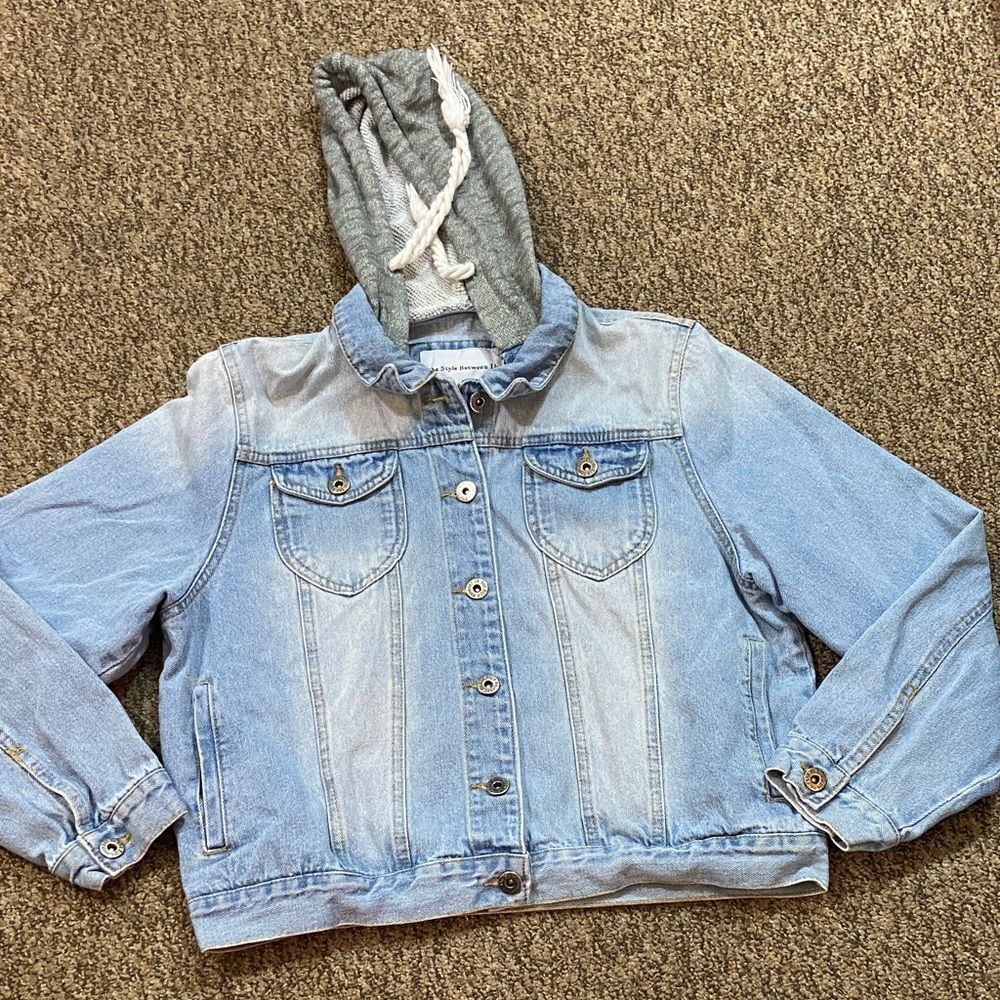 The Style Between Us Kids Blue Denim Jacket with Gray Hood Size L